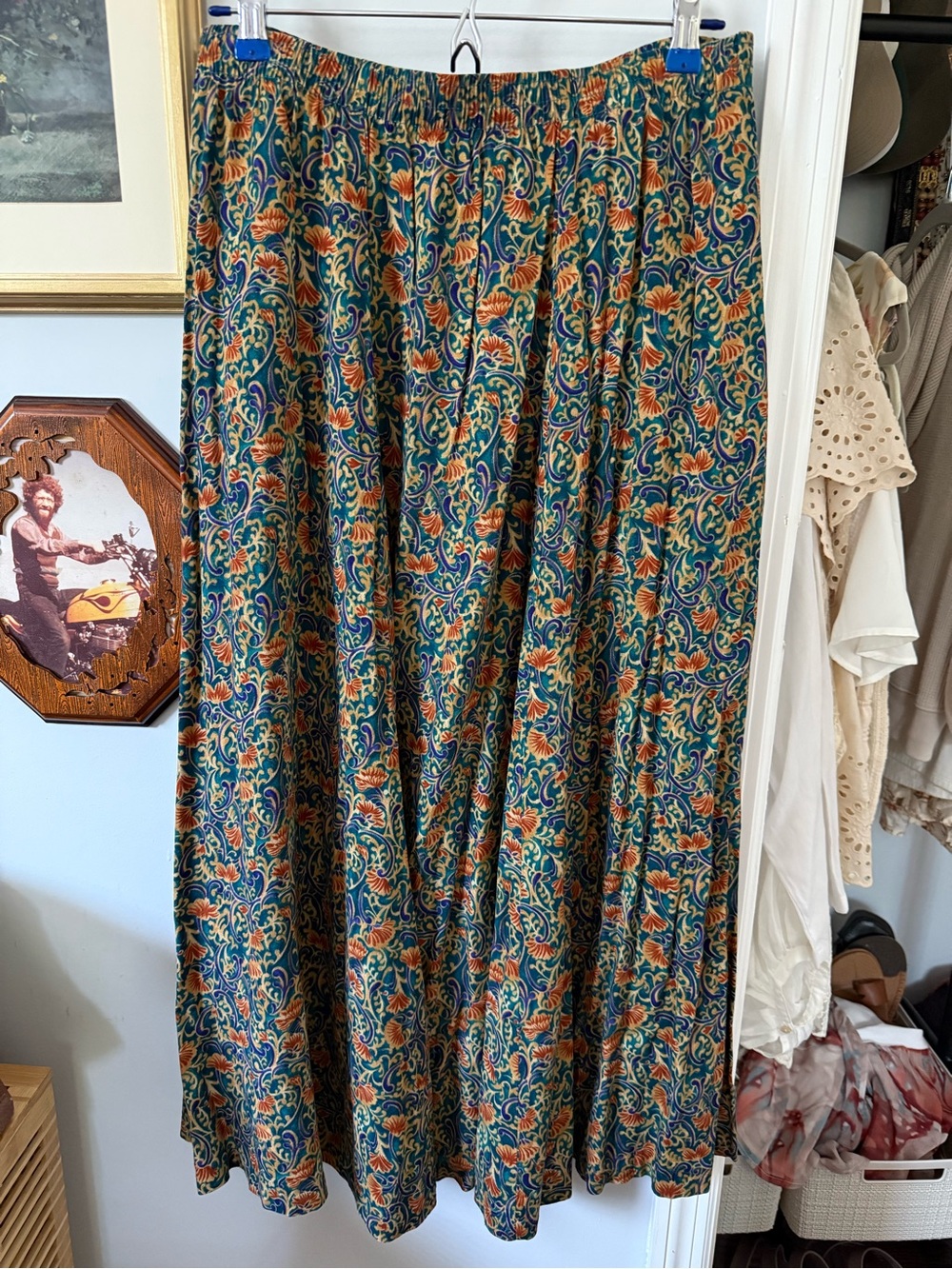 Vintage Floral Bohemian Maxi Skirt in Teal and Rust